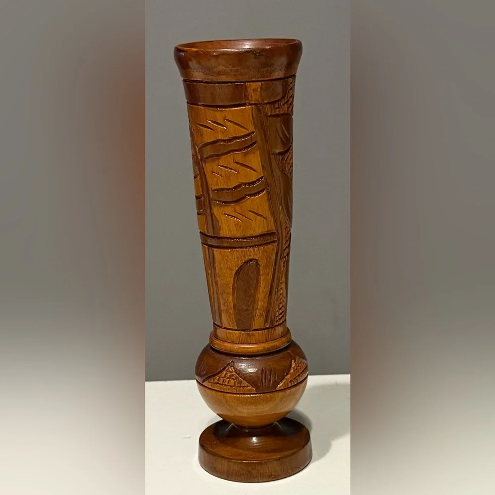 Vintage 1970s Hand-Turned Wood Bud Vase - Boho Floral Hand-Carved - 9”